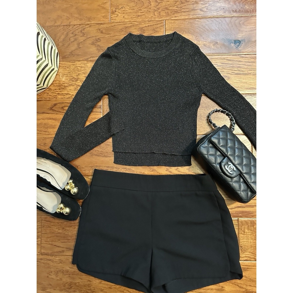 AllSaints Black Gold Metallic Ribbed Crop Top Shimmer Long Sleeve Fitted XS